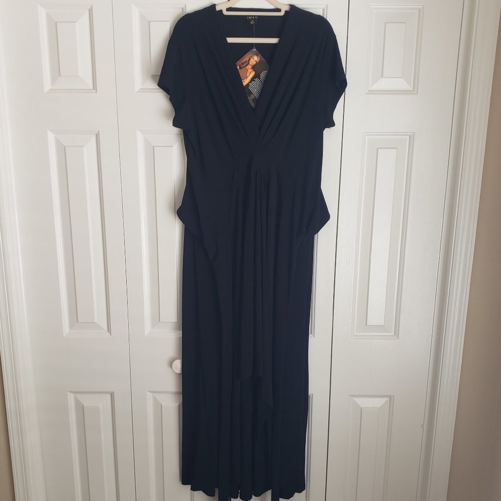 NEW IMAN Global Chic Knockout Maxi Dress with Hi-Low Hem in Black 1X Short